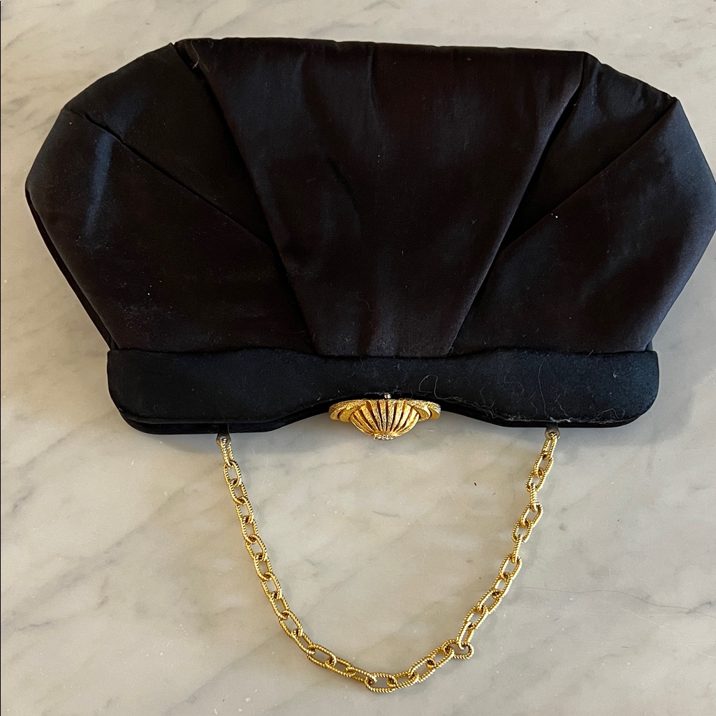 Elegant Vintage 1950s Black Clutch With Gold Chain And Lucite Comb